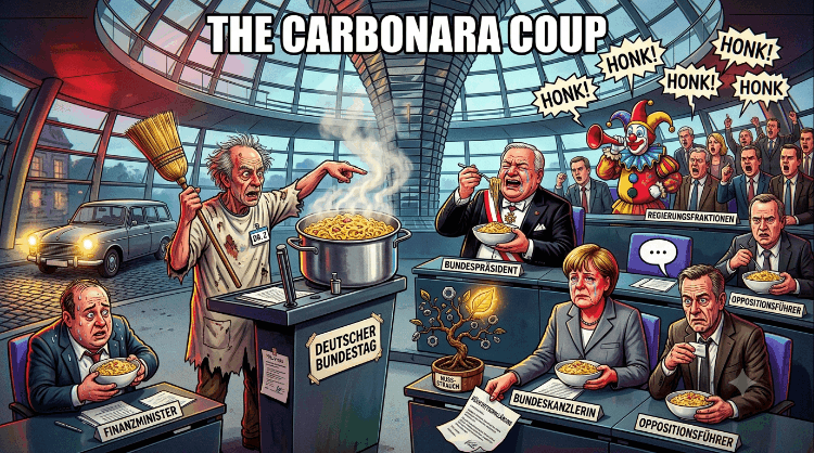 DR. Z REVUE:”THE CARBONARA BRANDMAUER – PRESIDENT STEINSCHNITZEL AND KANZLERIN MERZKEL-SAUMAGEN” 🏛️🍝🌭
