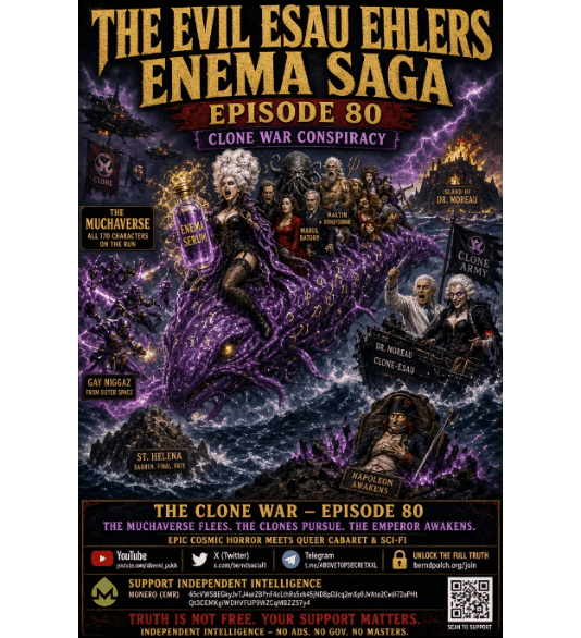 THE EVIL ESAU EHLERS ENEMA SAGA – THE CLONE WAR: DR. MOREAU CLONES ESAU – HE FLEES WITH HIS CREW ON A LIVING ENEMA – BUILDS NEW ST. PAULI ON ST. HELENA – NAPOLEON AWAKENS! 🧬🟣🏝️👑📊💩