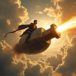 Illustrated figure riding a rocket-like barrel through golden clouds toward the light