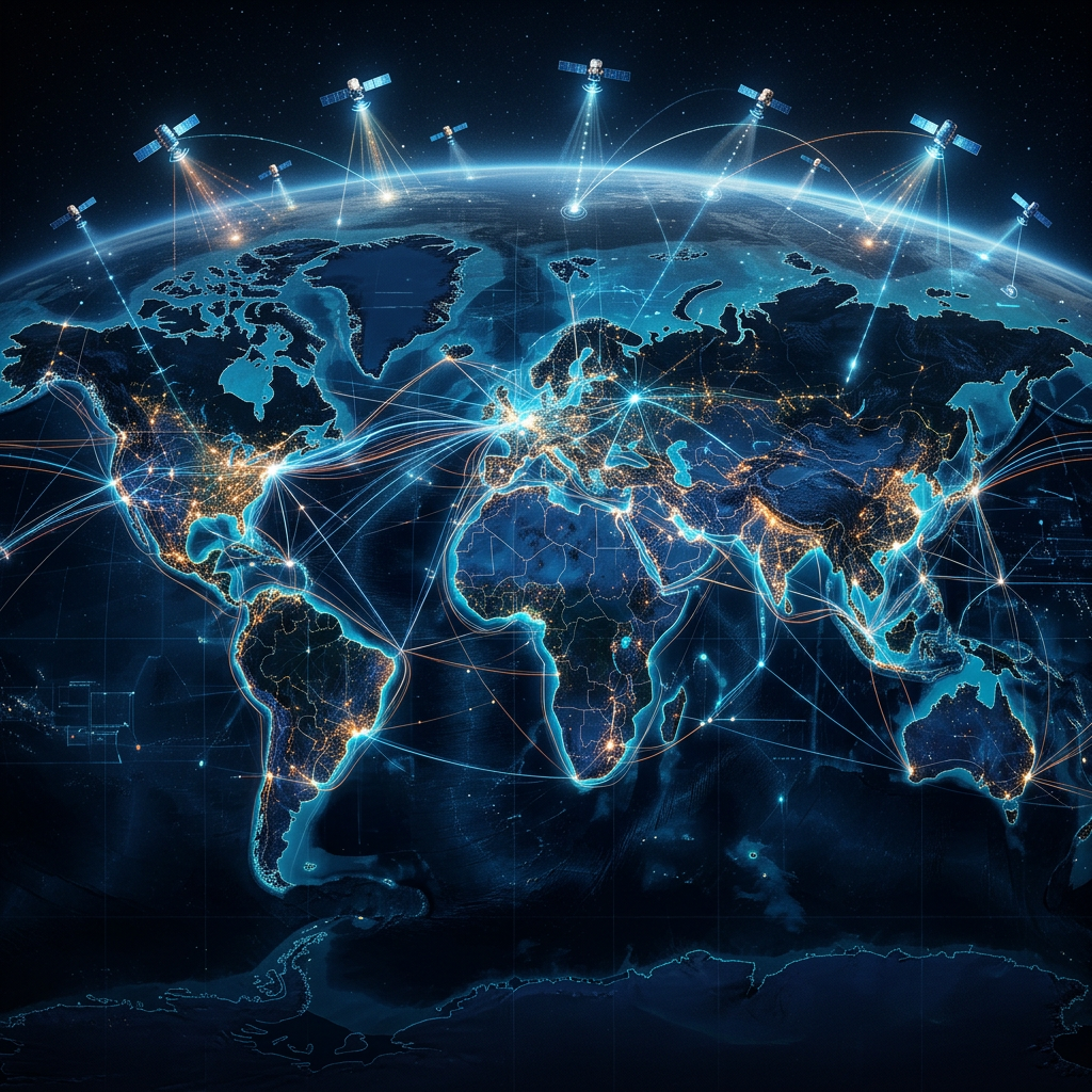 Satellites and glowing network lines connect cities across a world map